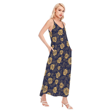 Royal Roses Dinner Sling Dress, Midnight Blue Dress with Gold Roses